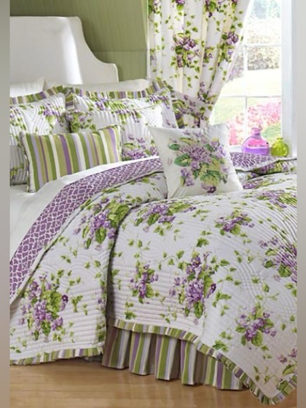 Waverly Sweet Violets Queen Bed Skirt & 2 Pillow Shams Floral